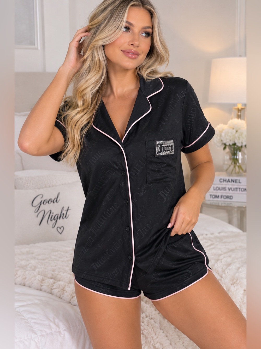 Juicy Couture Black Logo Pajama Sleep Shirt Rhinestone Pocket Size Small